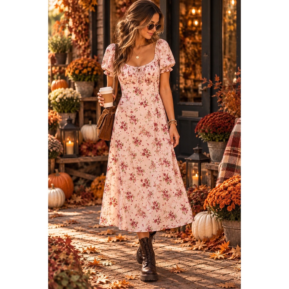 Pink Floral Midi Dress L Cottagecore Milkmaid Puff Sleeve Coquette Romantic
